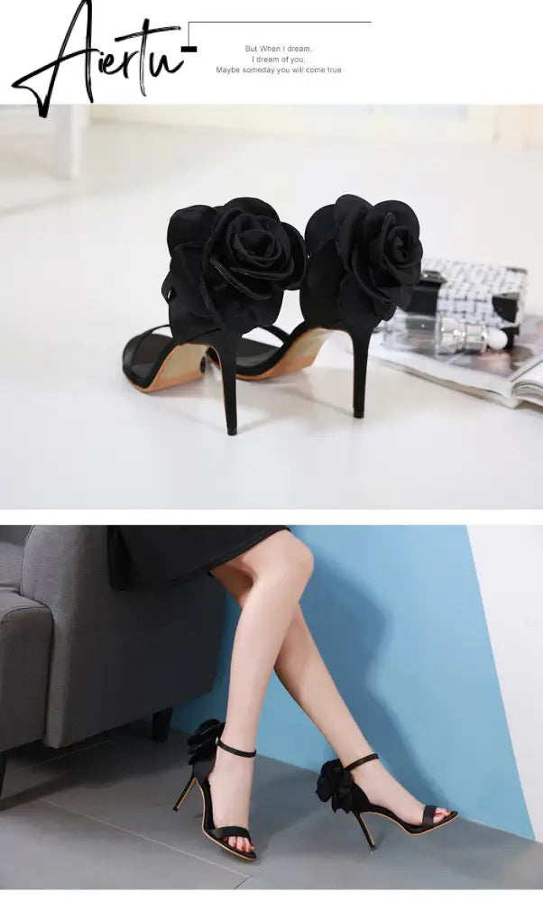 Aiertu Flower Shoes Woman European And American-Style Big Flower Sandals Shoes Evening Nightclub Shoes Black Powder High Heels Sandals Aiertu