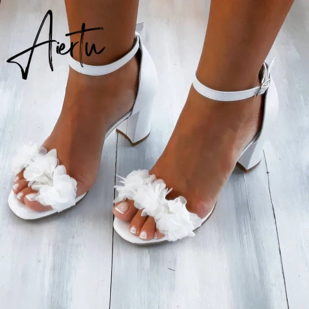 Aiertu  Flowers White High Heels Sandals Women New Summer Shoes Women Fashion Buckle Strap Square Heel Open Toe Sandals handmade Aiertu