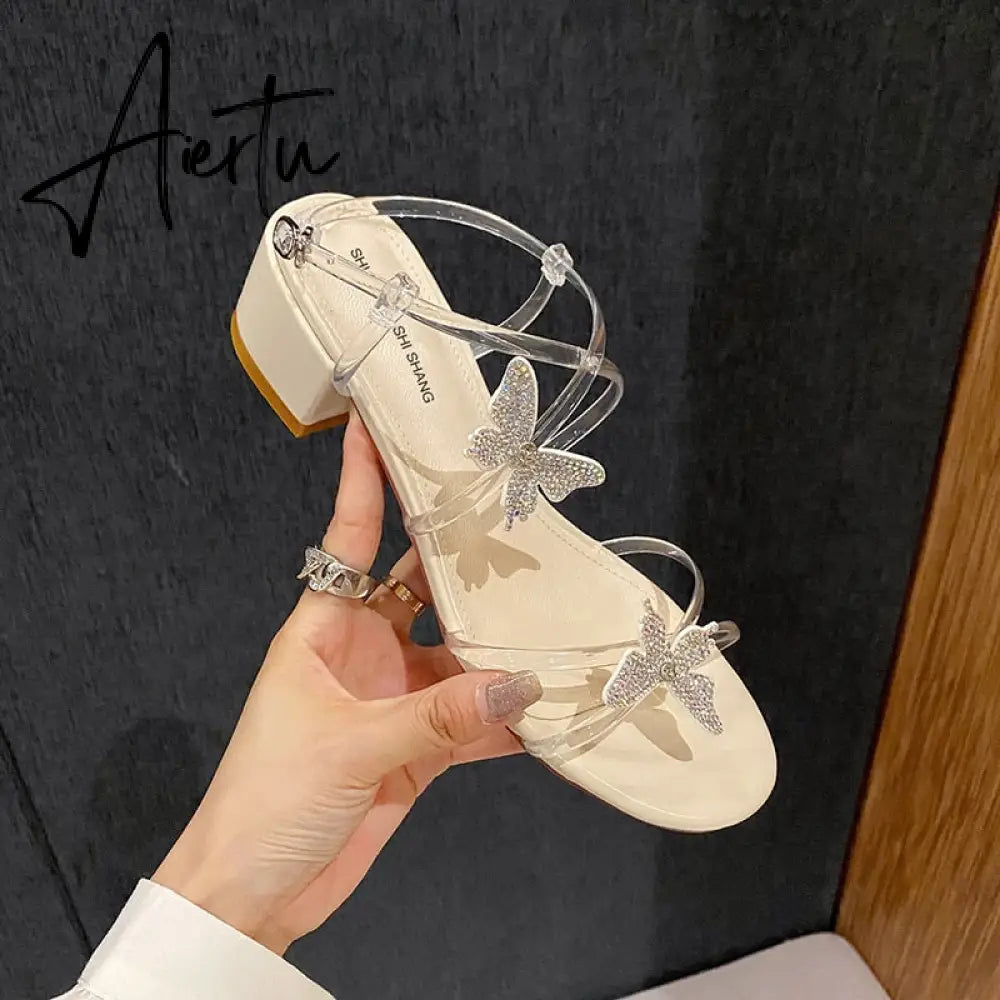 Aiertu Followed Sandals for Women  New Fashion Mid-heeled Sandals Women Thick Heels Super Fairy Rhinestone Butterfly Sandals for Women Aiertu