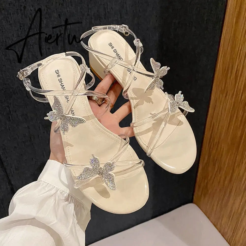 Aiertu Followed Sandals for Women  New Fashion Mid-heeled Sandals Women Thick Heels Super Fairy Rhinestone Butterfly Sandals for Women Aiertu