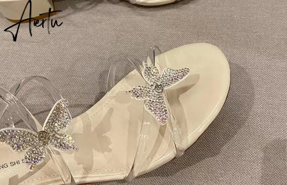 Aiertu Followed Sandals for Women  New Fashion Mid-heeled Sandals Women Thick Heels Super Fairy Rhinestone Butterfly Sandals for Women Aiertu