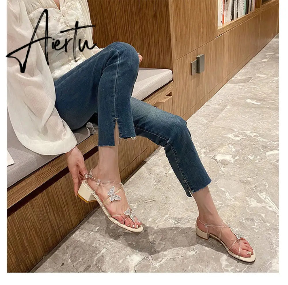 Aiertu Followed Sandals for Women  New Fashion Mid-heeled Sandals Women Thick Heels Super Fairy Rhinestone Butterfly Sandals for Women Aiertu