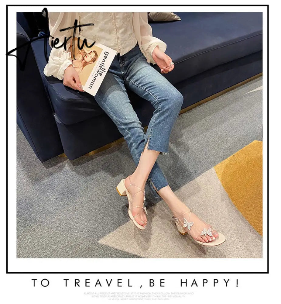 Aiertu Followed Sandals for Women  New Fashion Mid-heeled Sandals Women Thick Heels Super Fairy Rhinestone Butterfly Sandals for Women Aiertu