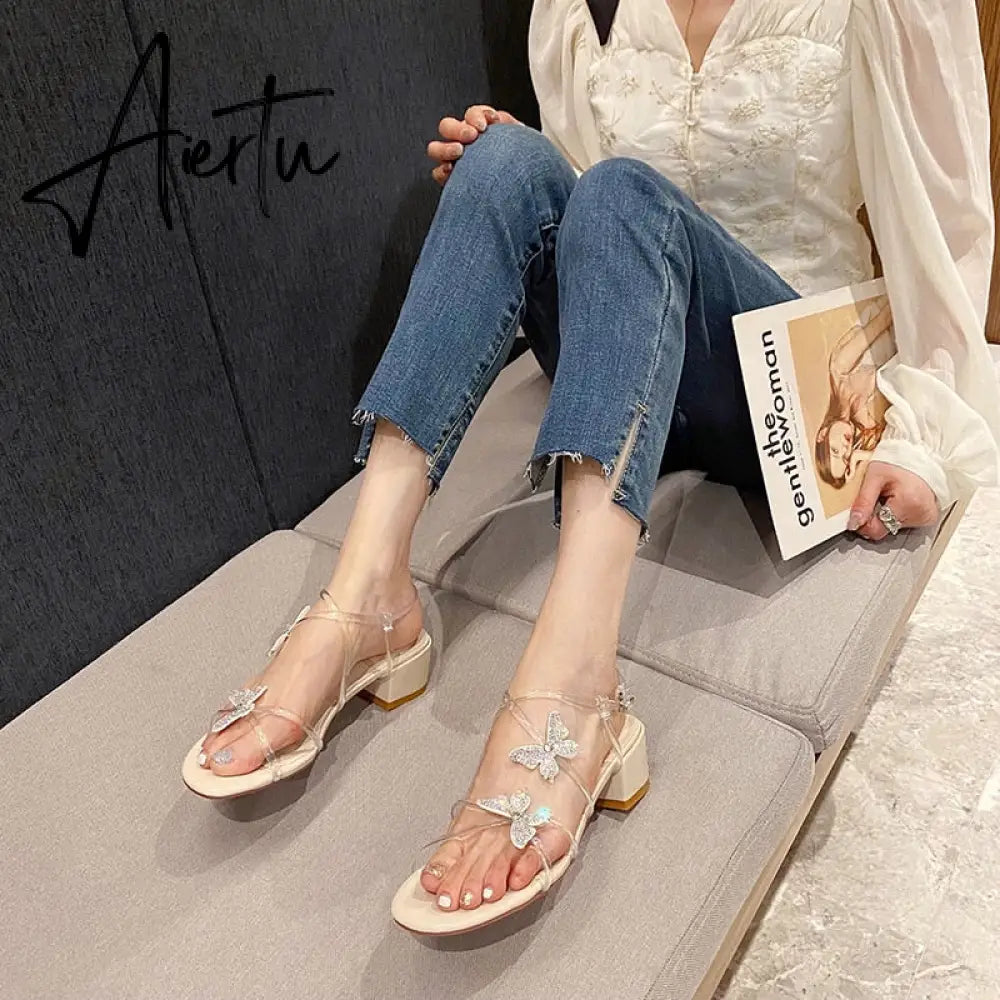 Aiertu Followed Sandals for Women  New Fashion Mid-heeled Sandals Women Thick Heels Super Fairy Rhinestone Butterfly Sandals for Women Aiertu