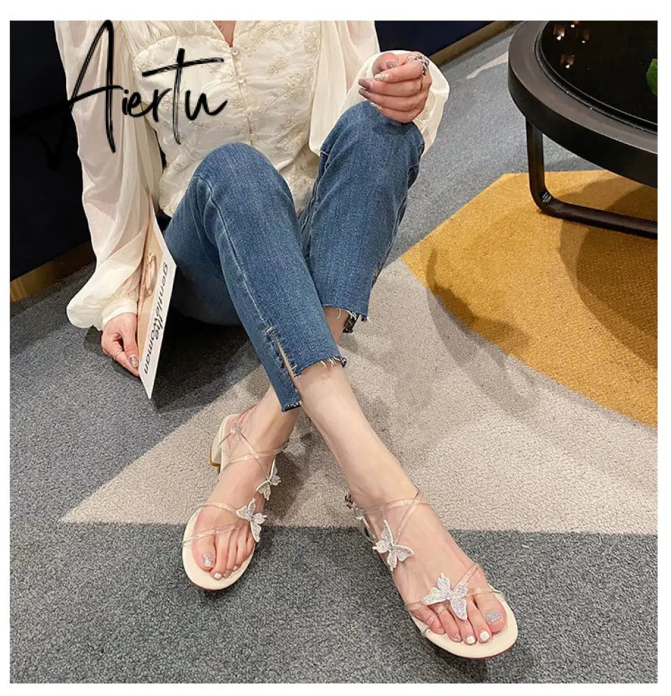Aiertu Followed Sandals for Women  New Fashion Mid-heeled Sandals Women Thick Heels Super Fairy Rhinestone Butterfly Sandals for Women Aiertu