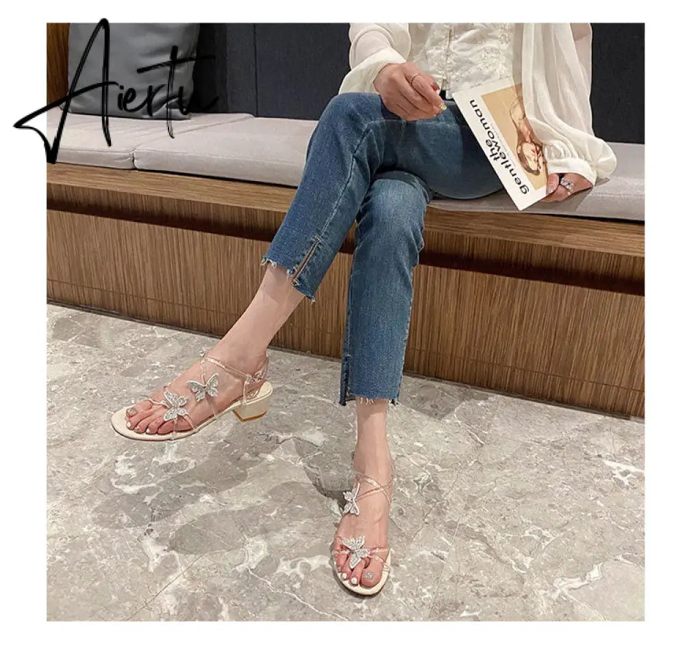 Aiertu Followed Sandals for Women  New Fashion Mid-heeled Sandals Women Thick Heels Super Fairy Rhinestone Butterfly Sandals for Women Aiertu