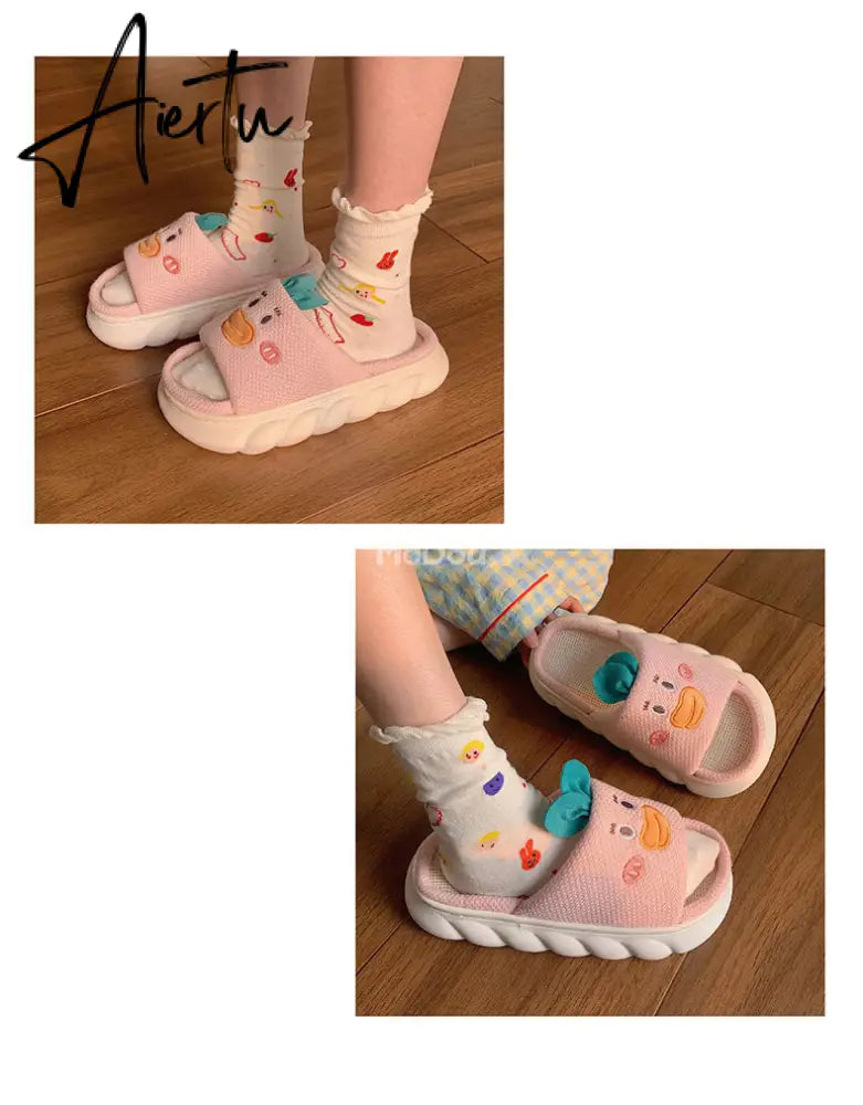 Aiertu  Four Season Home Non Slip Thick Sole Mute Hemp Cotton Women Slippers Cute Cartoon Shape Men Indoor Shoes New Arrival Aiertu