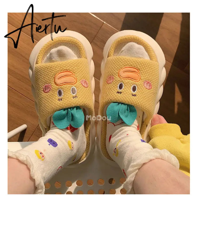 Aiertu  Four Season Home Non Slip Thick Sole Mute Hemp Cotton Women Slippers Cute Cartoon Shape Men Indoor Shoes New Arrival Aiertu