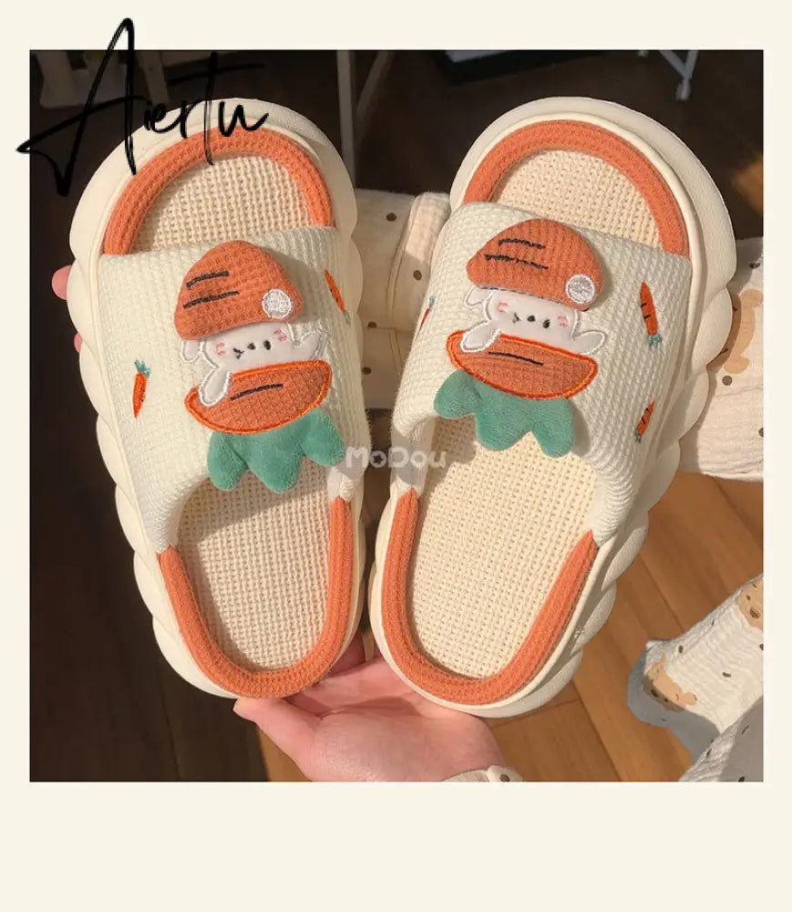 Aiertu  Four Season Home Non Slip Thick Sole Mute Hemp Cotton Women Slippers Cute Cartoon Shape Men Indoor Shoes New Arrival Aiertu