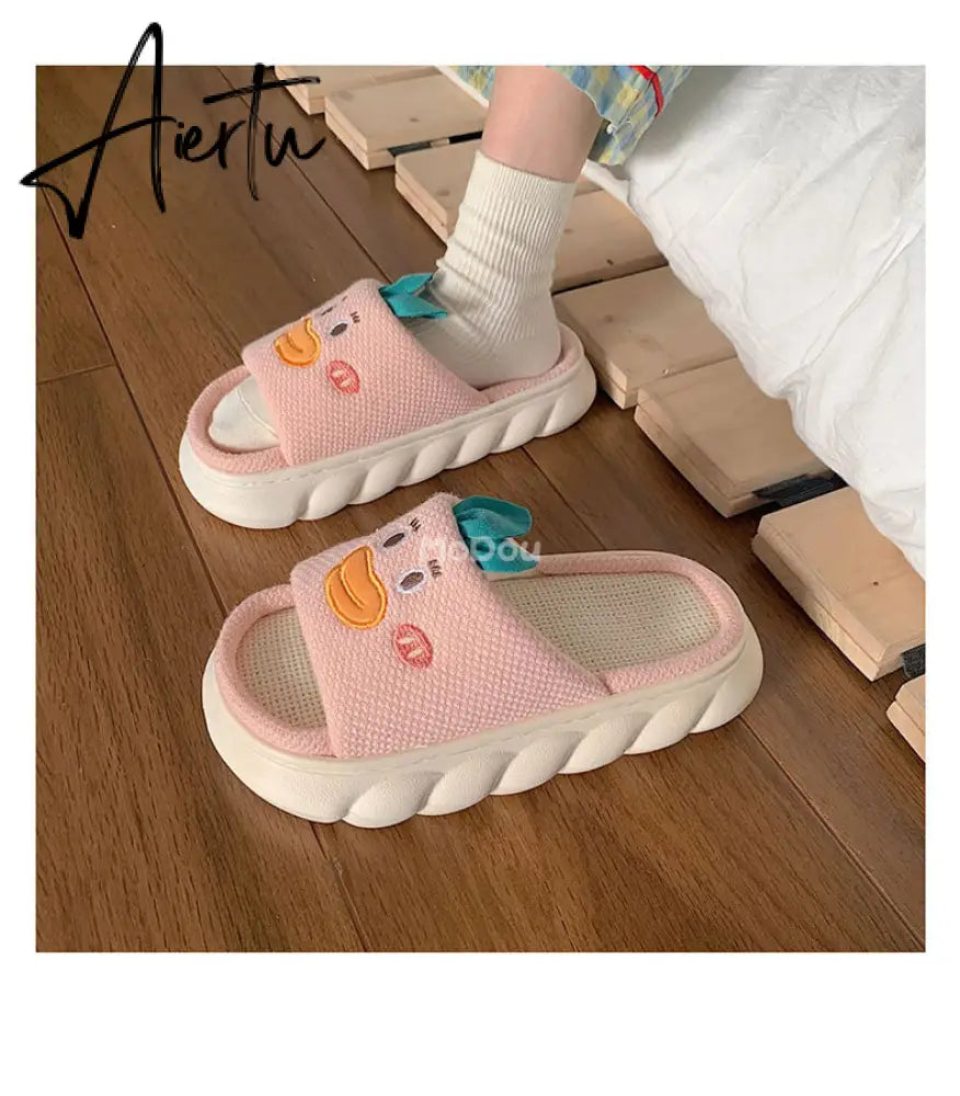 Aiertu  Four Season Home Non Slip Thick Sole Mute Hemp Cotton Women Slippers Cute Cartoon Shape Men Indoor Shoes New Arrival Aiertu