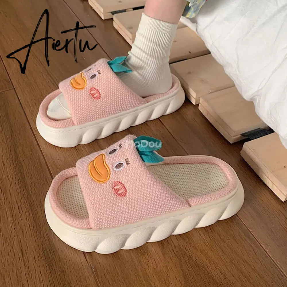 Aiertu  Four Season Home Non Slip Thick Sole Mute Hemp Cotton Women Slippers Cute Cartoon Shape Men Indoor Shoes New Arrival Aiertu