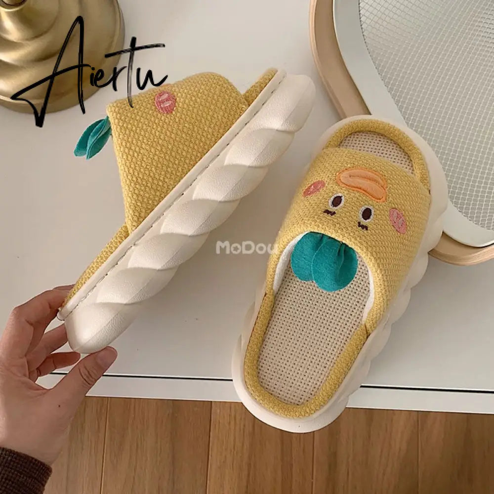 Aiertu  Four Season Home Non Slip Thick Sole Mute Hemp Cotton Women Slippers Cute Cartoon Shape Men Indoor Shoes New Arrival Aiertu