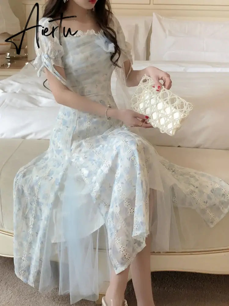 Aiertu French Elegant Floral Print Dress Women Blue Sweet Evening Party Midi Dress Female Korean Fashion Lace Princess Dress Summer New Aiertu