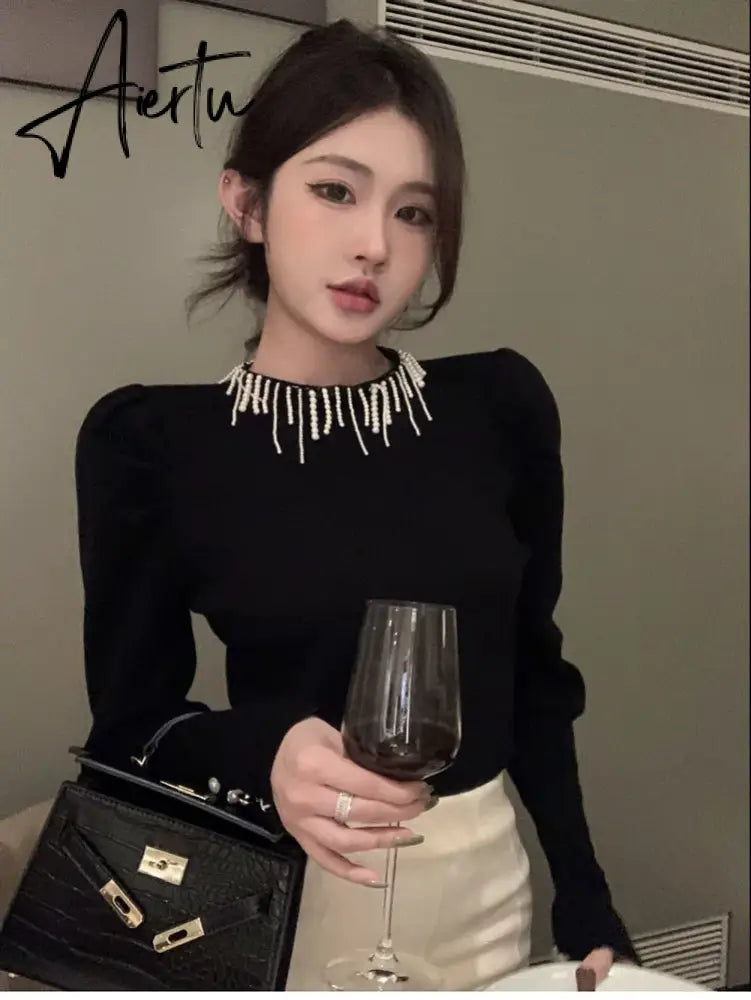 Aiertu French Elegant Pearl Tassel O-neck Bubble Sleeve Women Sweaters Pullovers 2024 Autumn Winter Stretch Female Knitted Tops Jumpers Aiertu