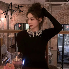 Aiertu French Elegant Pearl Tassel O-neck Bubble Sleeve Women Sweaters Pullovers 2024 Autumn Winter Stretch Female Knitted Tops Jumpers Aiertu