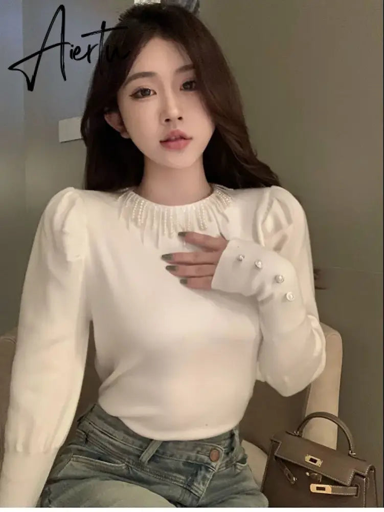 Aiertu French Elegant Pearl Tassel O-neck Bubble Sleeve Women Sweaters Pullovers 2024 Autumn Winter Stretch Female Knitted Tops Jumpers Aiertu