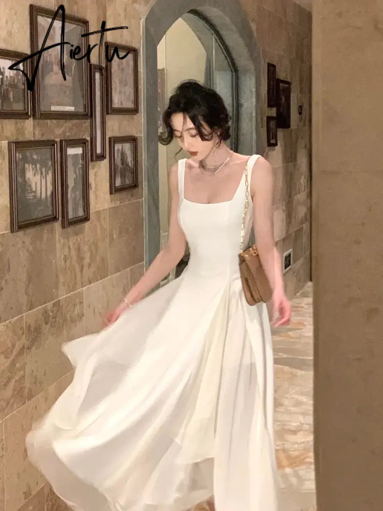 Aiertu French Elegant Ruffles White Midi Dresses Summer New Evening Party Women Clothes Fashion Sundress Birthday Ladies Dresses Aiertu