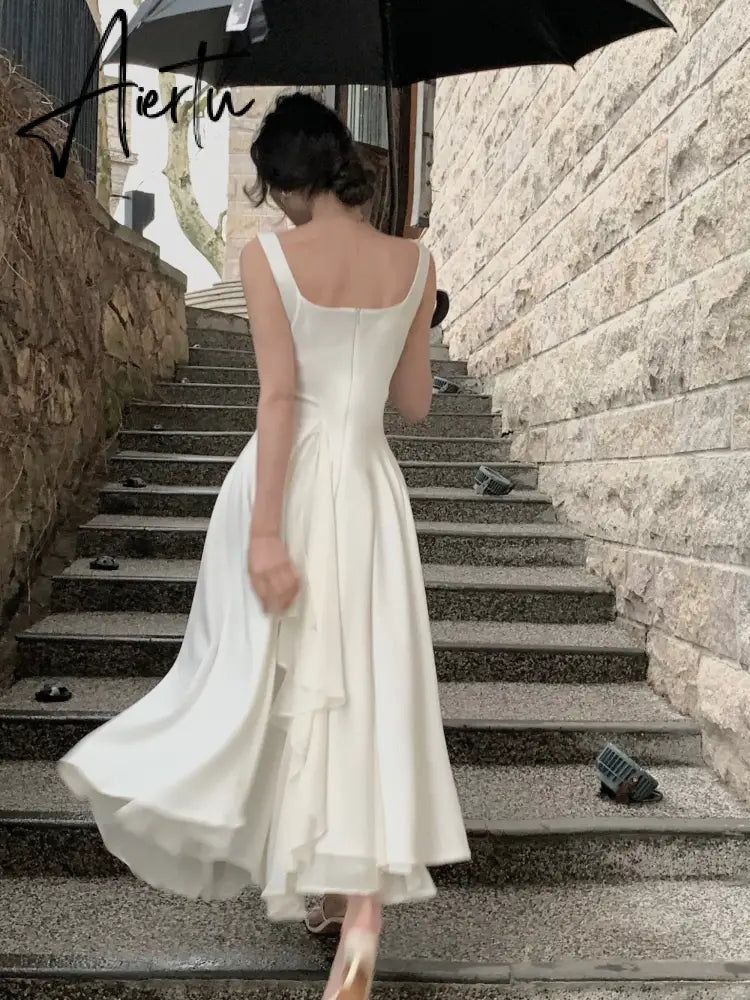 Aiertu French Elegant Ruffles White Midi Dresses Summer New Evening Party Women Clothes Fashion Sundress Birthday Ladies Dresses Aiertu