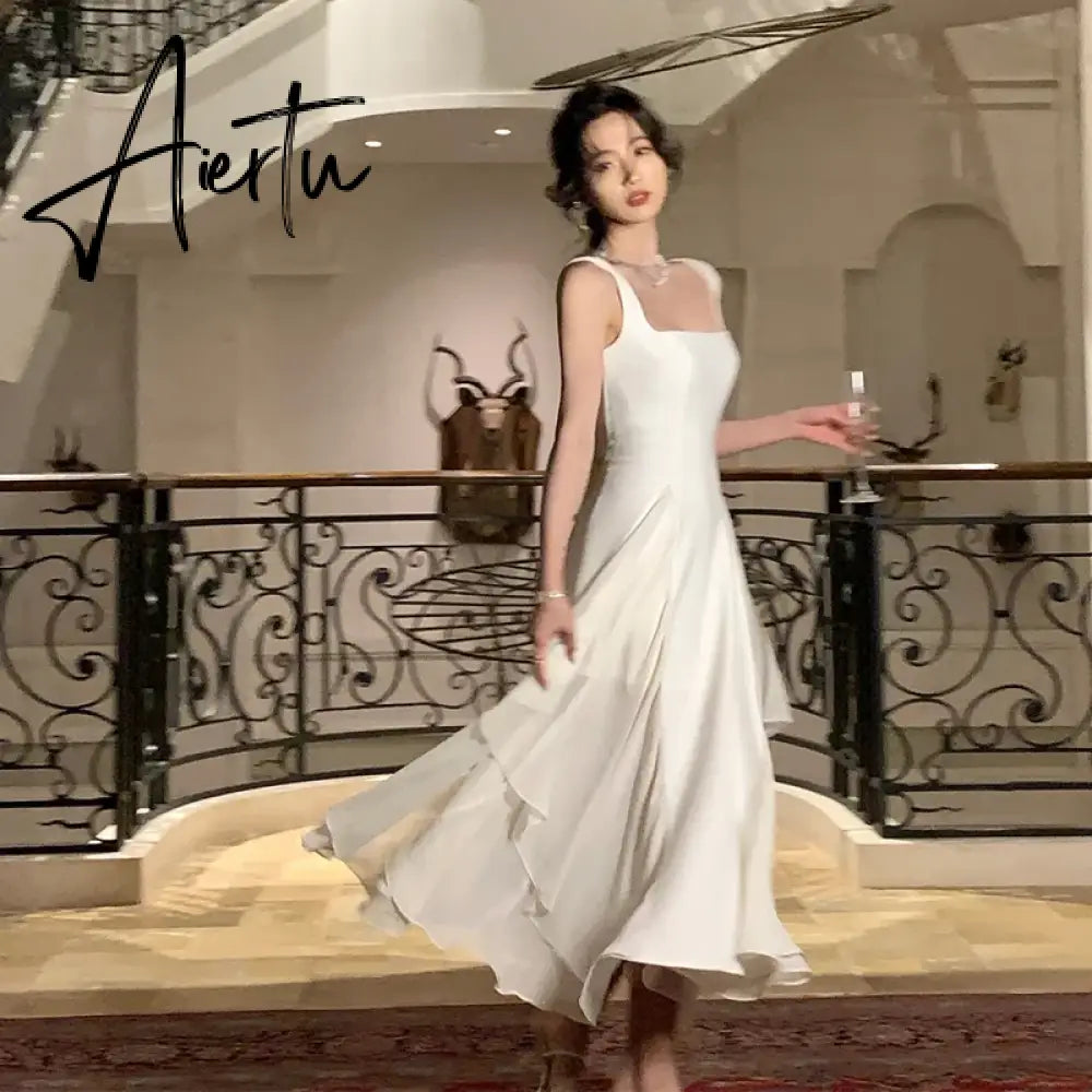 Aiertu French Elegant Ruffles White Midi Dresses Summer New Evening Party Women Clothes Fashion Sundress Birthday Ladies Dresses Aiertu