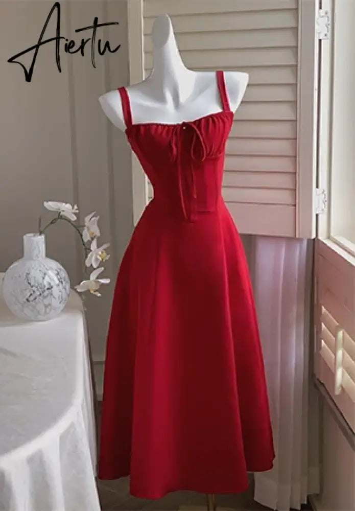 Aiertu French Elegant White Strap Midi Dress  Summer New Casual Evening Party Dress Women Beach Sleeveless Lace-up Red Dress Korean Aiertu