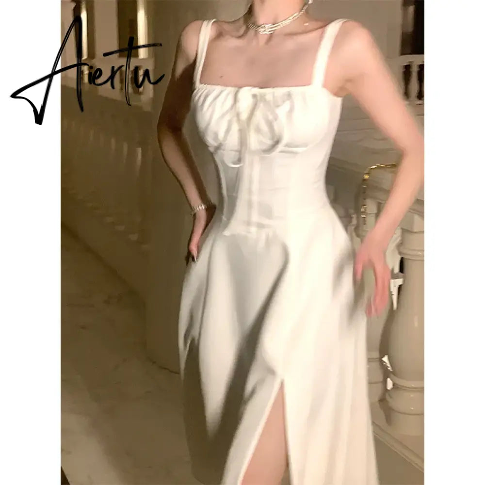 Aiertu French Elegant White Strap Midi Dress  Summer New Casual Evening Party Dress Women Beach Sleeveless Lace-up Red Dress Korean Aiertu