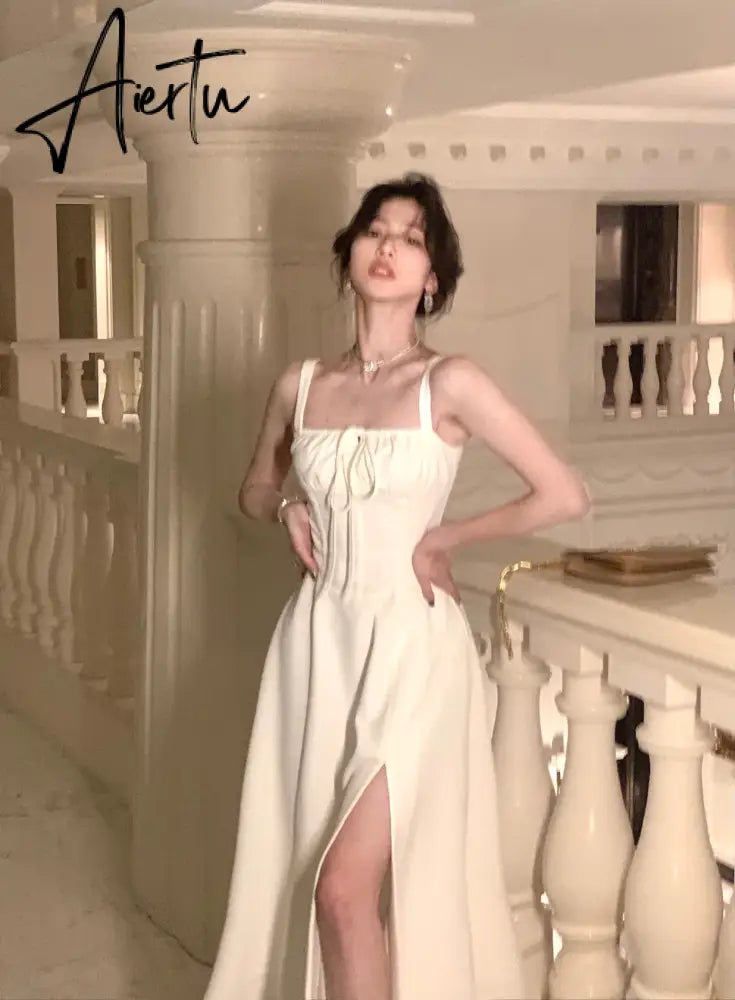 Aiertu French Elegant White Strap Midi Dress  Summer New Casual Evening Party Dress Women Beach Sleeveless Lace-up Red Dress Korean Aiertu