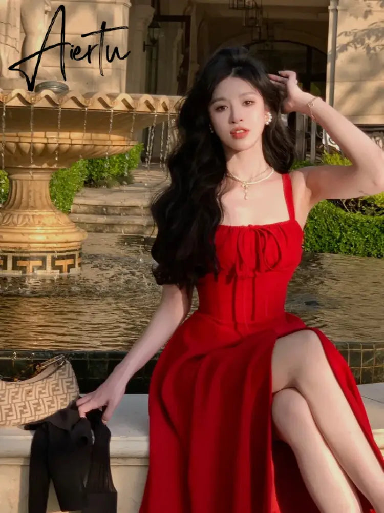Aiertu French Elegant White Strap Midi Dress  Summer New Casual Evening Party Dress Women Beach Sleeveless Lace-up Red Dress Korean Aiertu