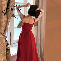 Aiertu French Elegant White Strap Midi Dress  Summer New Casual Evening Party Dress Women Beach Sleeveless Lace-up Red Dress Korean Aiertu