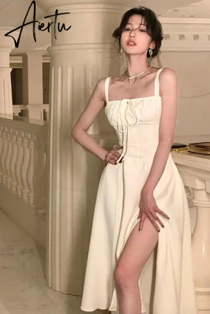Aiertu French Elegant White Strap Midi Dress  Summer New Casual Evening Party Dress Women Beach Sleeveless Lace-up Red Dress Korean Aiertu