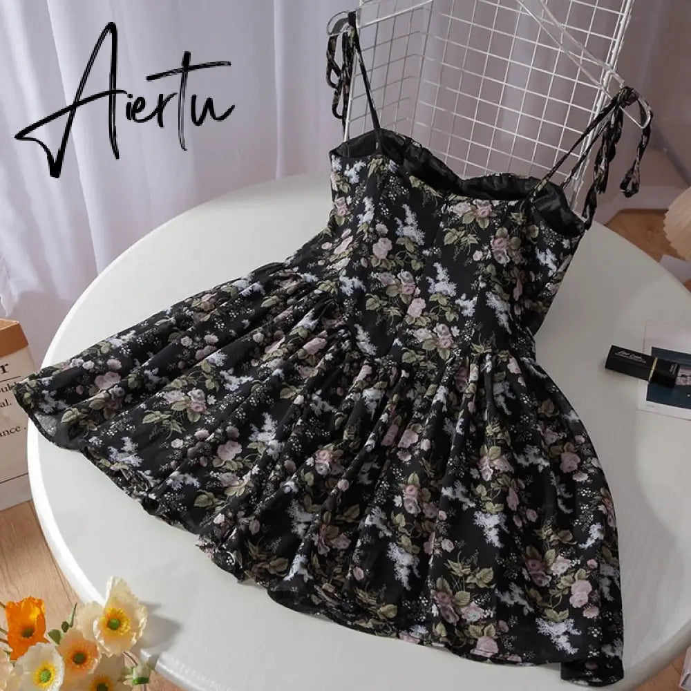 Aiertu French Floral Sling Dress Women Chic Backless Summer Sexy Mini Dress Beach Spaghetti Strap Dress Sundress New  Female  Robe Aiertu
