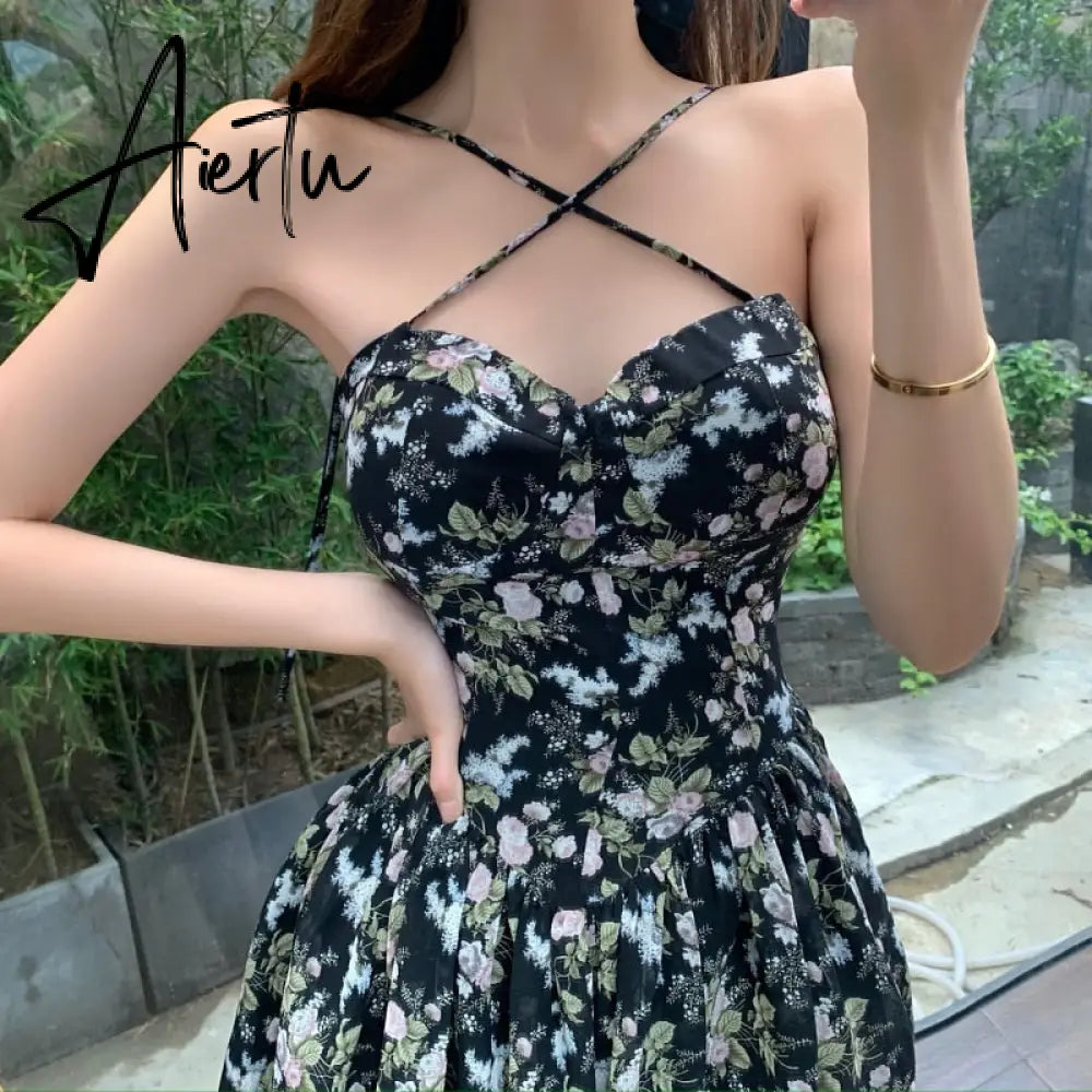 Aiertu French Floral Sling Dress Women Chic Backless Summer Sexy Mini Dress Beach Spaghetti Strap Dress Sundress New  Female  Robe Aiertu