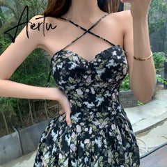 Aiertu French Floral Sling Dress Women Chic Backless Summer Sexy Mini Dress Beach Spaghetti Strap Dress Sundress New  Female  Robe Aiertu