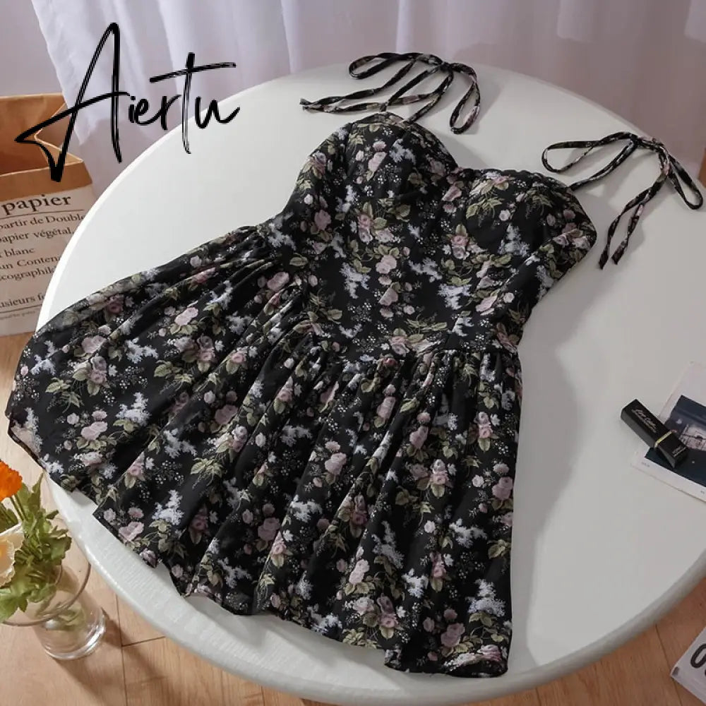 Aiertu French Floral Sling Dress Women Chic Backless Summer Sexy Mini Dress Beach Spaghetti Strap Dress Sundress New  Female  Robe Aiertu