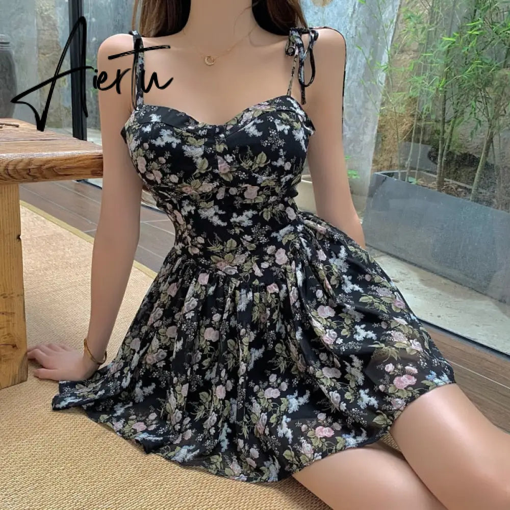 Aiertu French Floral Sling Dress Women Chic Backless Summer Sexy Mini Dress Beach Spaghetti Strap Dress Sundress New  Female  Robe Aiertu
