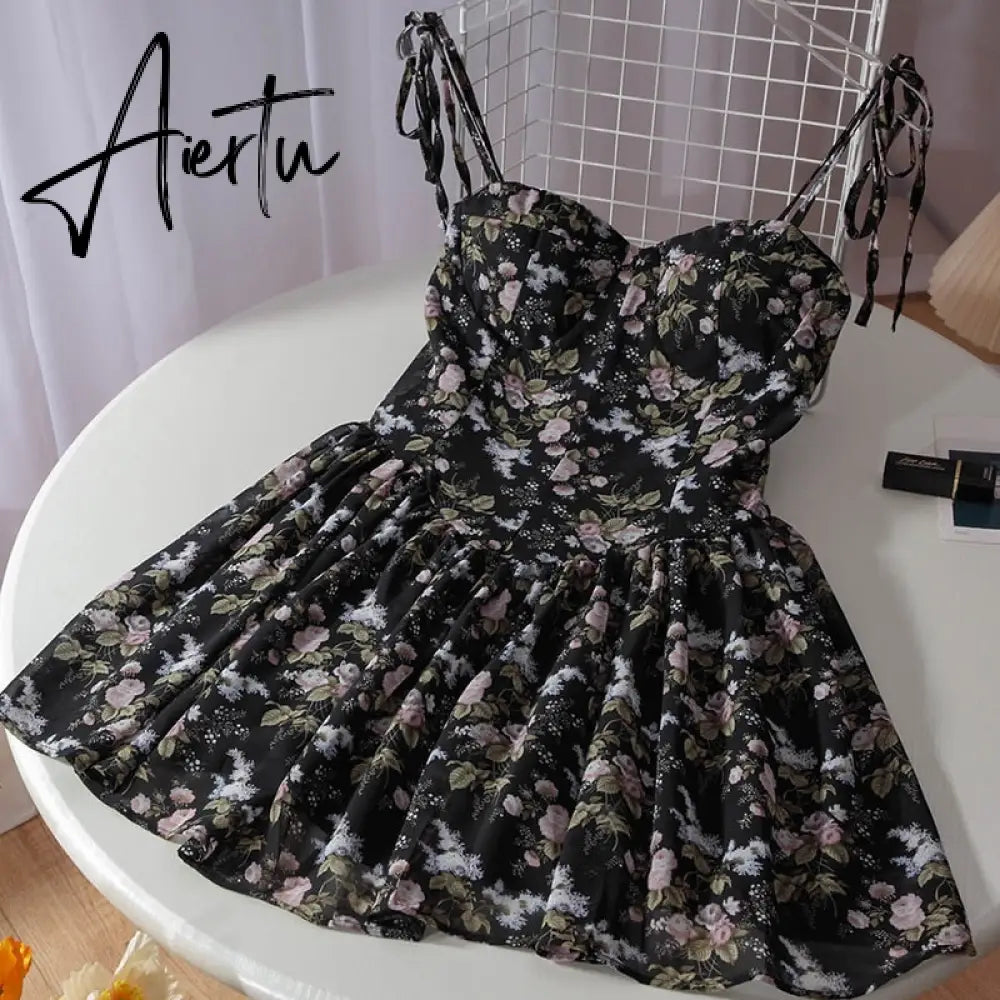 Aiertu French Floral Sling Dress Women Chic Backless Summer Sexy Mini Dress Beach Spaghetti Strap Dress Sundress New  Female  Robe Aiertu