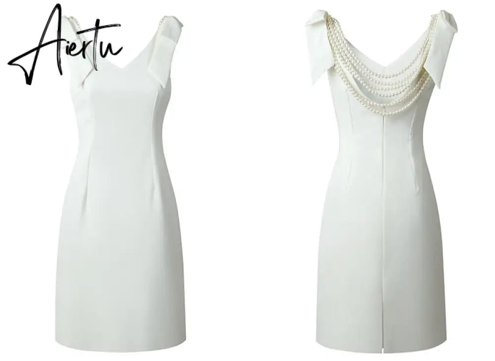 Aiertu French Pearl Beaded Lady Backless Bow Tie Party White Dress  Summer V-neck Sleeveless Bodycon Pencil Dress Aiertu