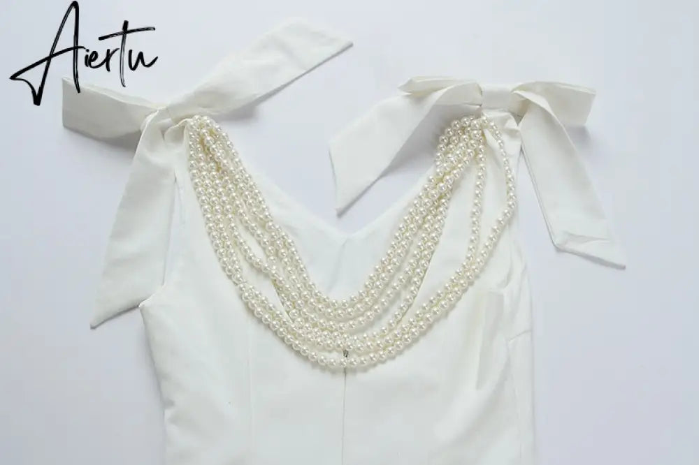 Aiertu French Pearl Beaded Lady Backless Bow Tie Party White Dress  Summer V-neck Sleeveless Bodycon Pencil Dress Aiertu