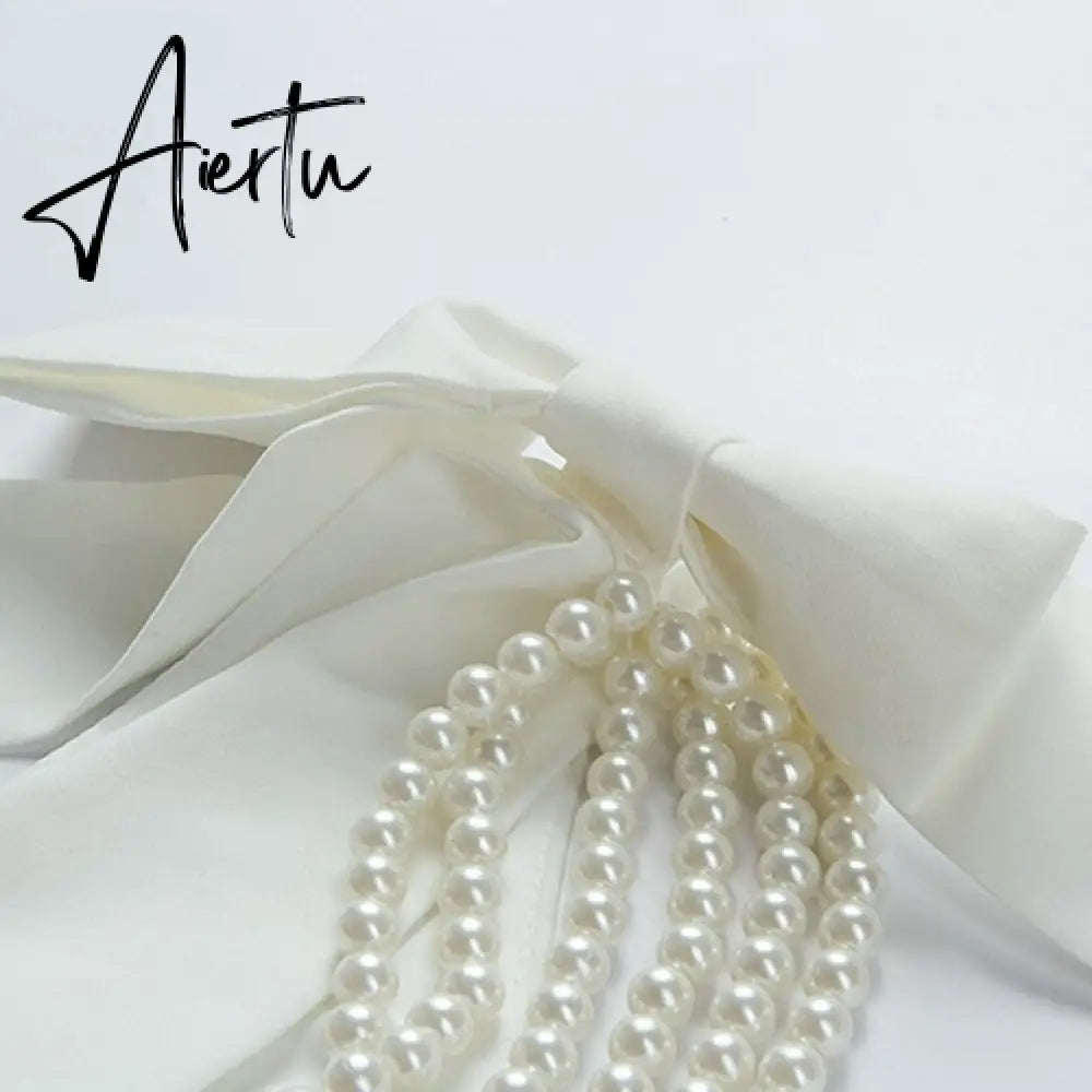 Aiertu French Pearl Beaded Lady Backless Bow Tie Party White Dress  Summer V-neck Sleeveless Bodycon Pencil Dress Aiertu
