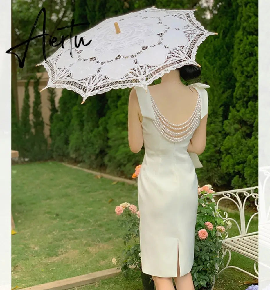 Aiertu French Pearl Beaded Lady Backless Bow Tie Party White Dress  Summer V-neck Sleeveless Bodycon Pencil Dress Aiertu