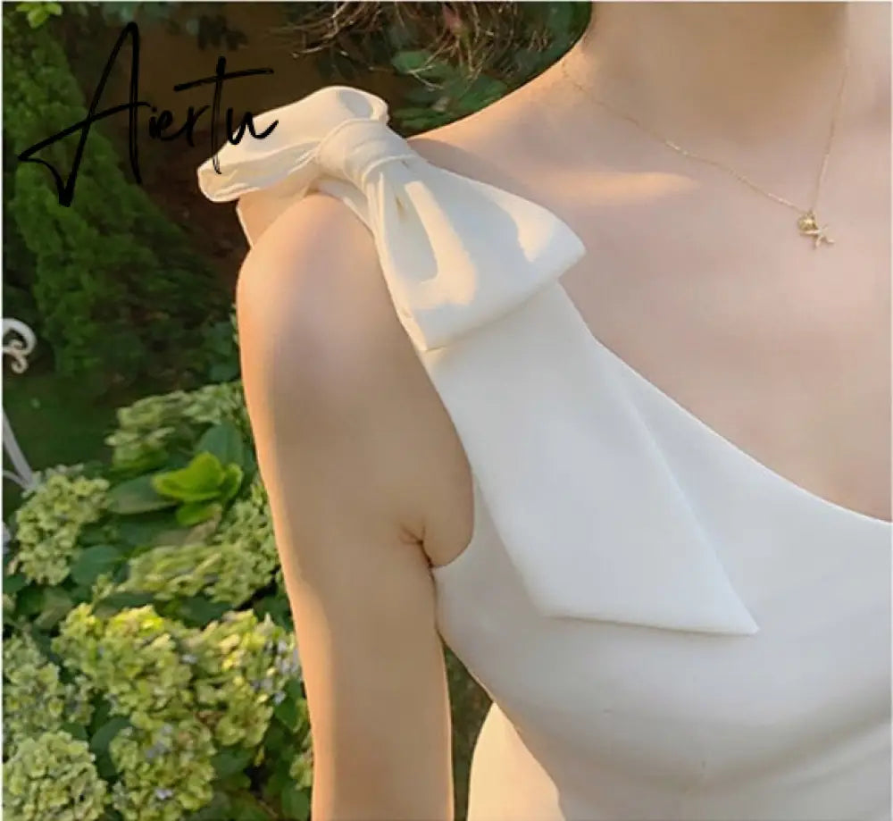 Aiertu French Pearl Beaded Lady Backless Bow Tie Party White Dress  Summer V-neck Sleeveless Bodycon Pencil Dress Aiertu