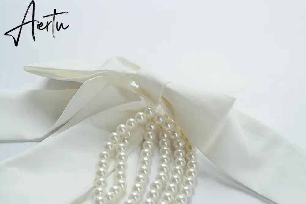 Aiertu French Pearl Beaded Lady Backless Bow Tie Party White Dress  Summer V-neck Sleeveless Bodycon Pencil Dress Aiertu