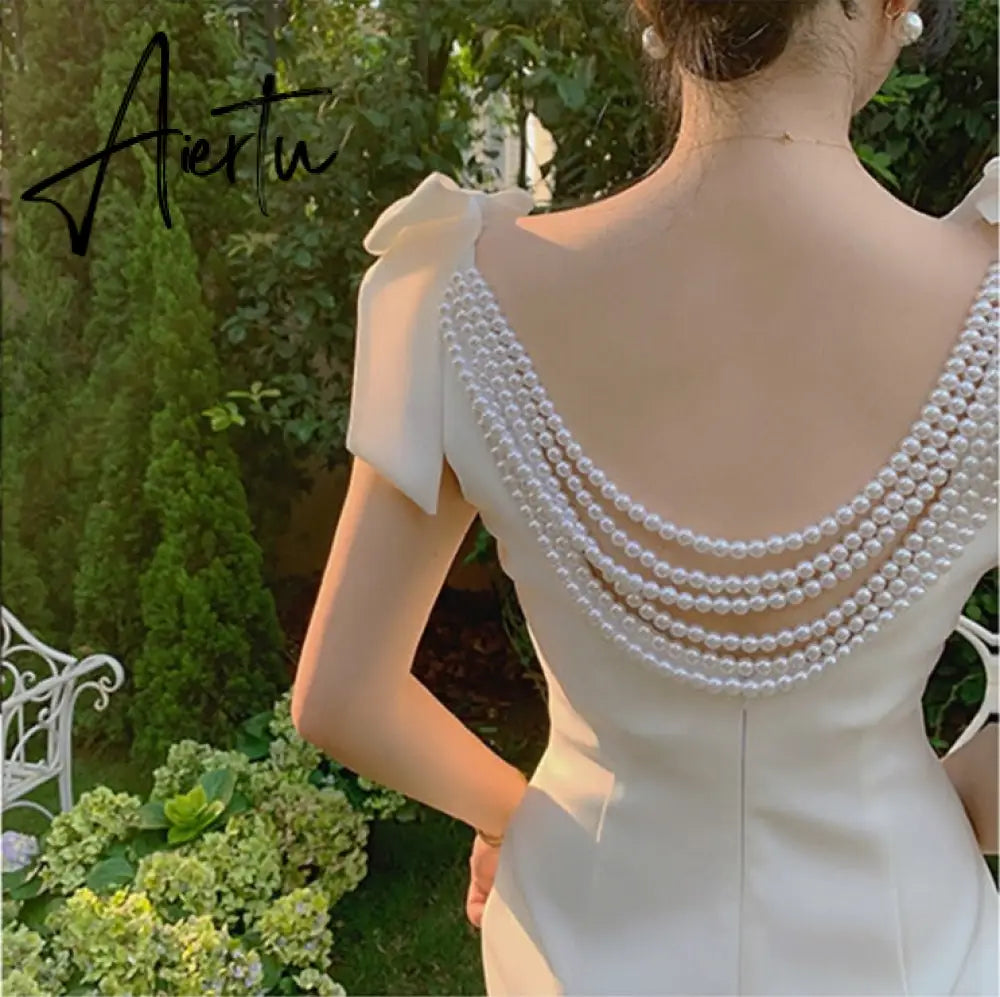 Aiertu French Pearl Beaded Lady Backless Bow Tie Party White Dress  Summer V-neck Sleeveless Bodycon Pencil Dress Aiertu