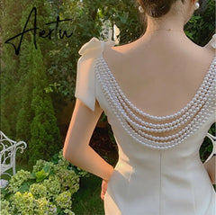 Aiertu French Pearl Beaded Lady Backless Bow Tie Party White Dress  Summer V-neck Sleeveless Bodycon Pencil Dress Aiertu