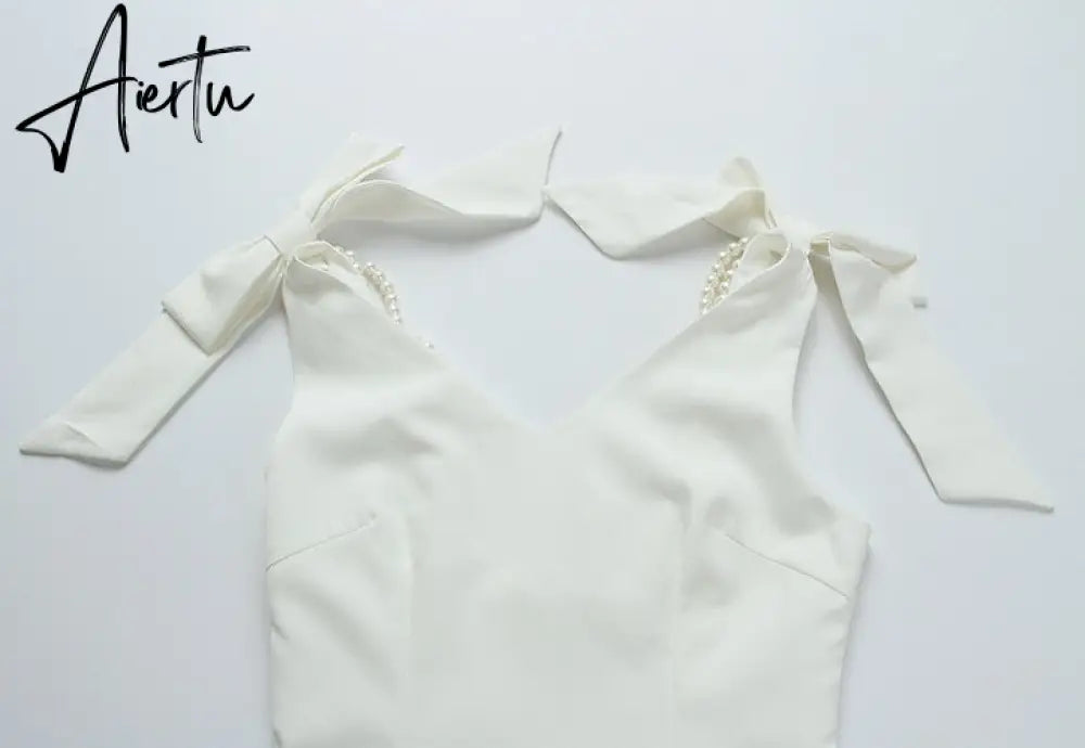 Aiertu French Pearl Beaded Lady Backless Bow Tie Party White Dress  Summer V-neck Sleeveless Bodycon Pencil Dress Aiertu