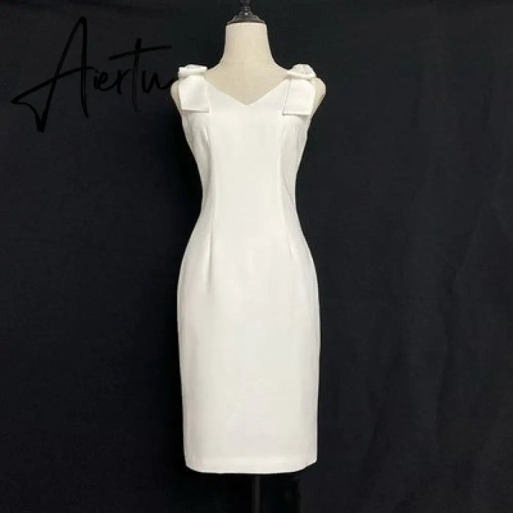 Aiertu French Pearl Beaded Lady Backless Bow Tie Party White Dress  Summer V-neck Sleeveless Bodycon Pencil Dress Aiertu