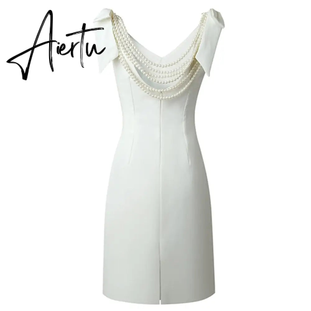 Aiertu French Pearl Beaded Lady Backless Bow Tie Party White Dress  Summer V-neck Sleeveless Bodycon Pencil Dress Aiertu