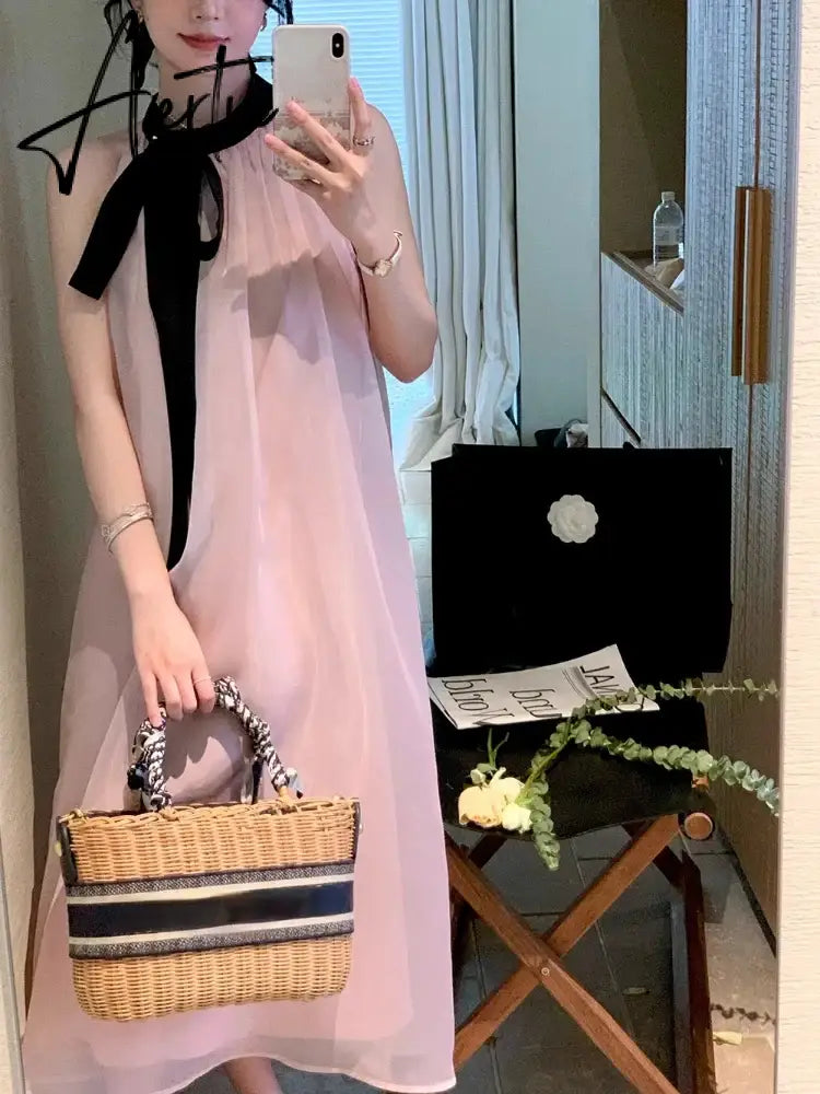 Aiertu French Pink Sleeveless Bow Neck Sleeveless Strap Dress for Women Even Party Korean Y2k Mini Dress Office Lady Summer Elegant Aiertu