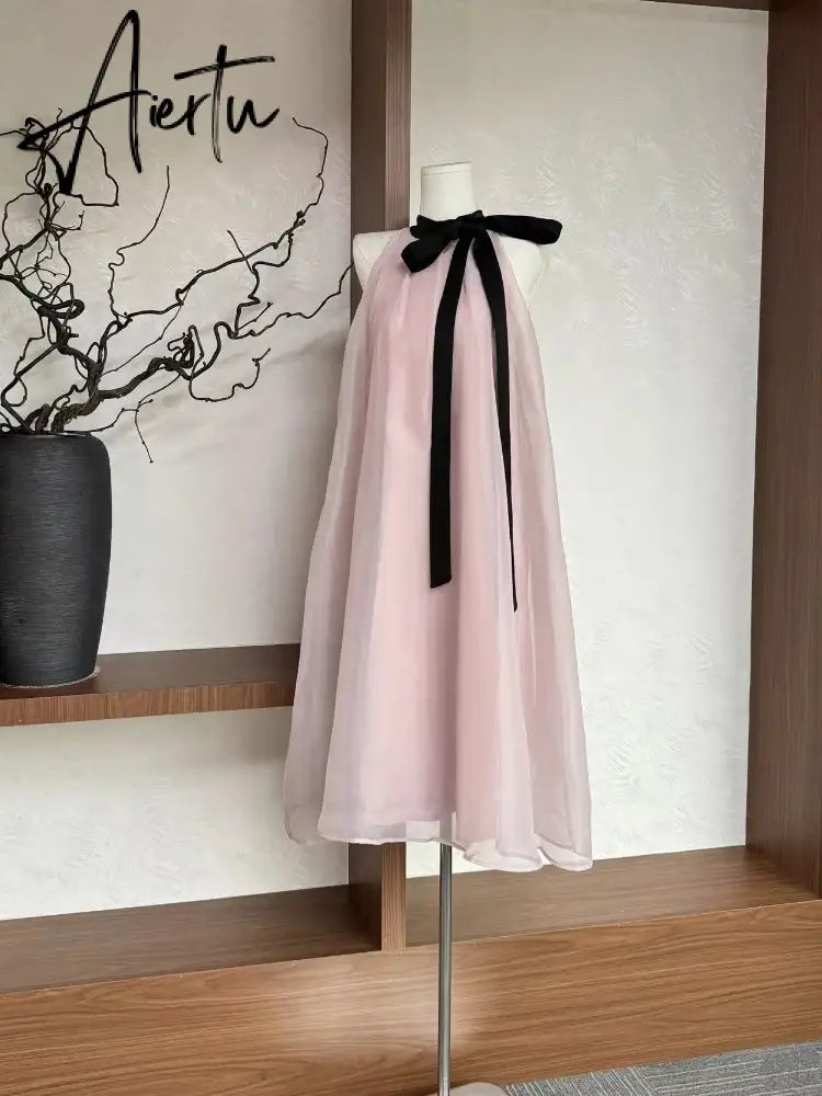 Aiertu French Pink Sleeveless Bow Neck Sleeveless Strap Dress for Women Even Party Korean Y2k Mini Dress Office Lady Summer Elegant Aiertu