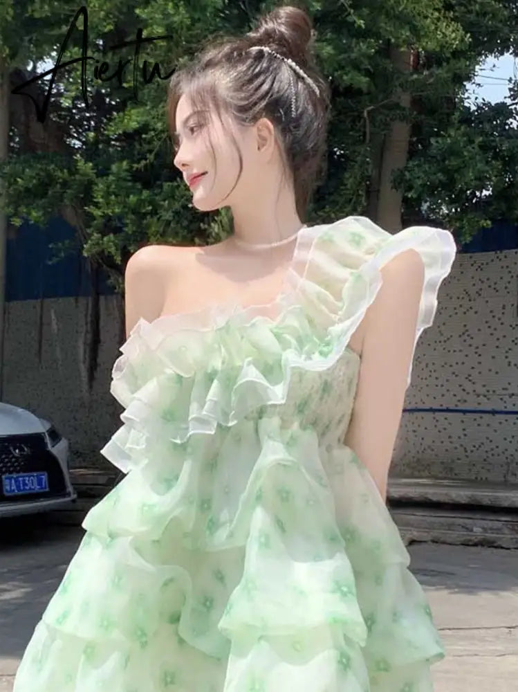 Aiertu  French Ruffled Dress Sweet Off Shoulder Women's Summer Sleeveless Short Floral Dress Party High Waist A-line Fairy Dress Vestido Aiertu