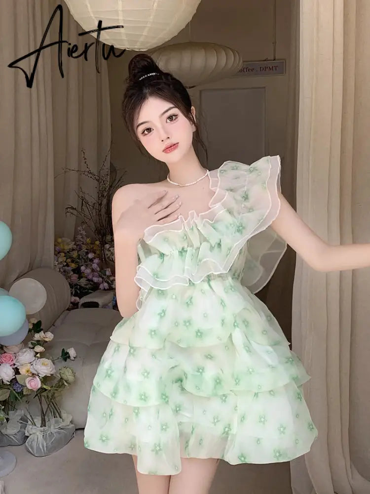 Aiertu  French Ruffled Dress Sweet Off Shoulder Women's Summer Sleeveless Short Floral Dress Party High Waist A-line Fairy Dress Vestido Aiertu
